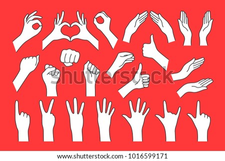 big collection cartoon hand shape like gesture. concept of stop help, right or left position, animated number one, two, three, four, five, zero. ley line logo emoji comic art design isolated on red