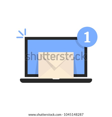 one unread email message in laptop. concept of 1 letter in full postal box like info processing and verification support. cartoon trend modern news logo graphic art design isolated on white background