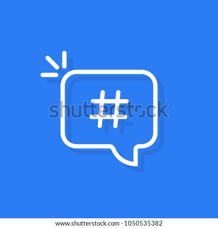 hashtag logo in linear white bubble. minimal style trendy modern simple hash tag logotype graphic thin line art design isolated on blue background. concept of communication sign or customer experience
