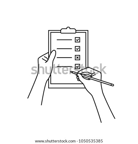 linear hand with checklist on clip board. contour trend simple logo graphic design isolated on white. concept of marketing question or answer check box, customer shopping feedback or office research