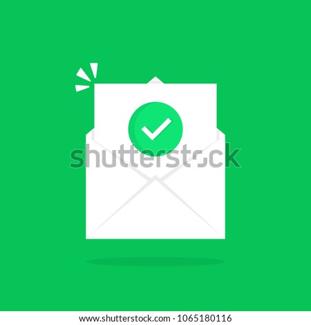 open letter like confirmation email. concept of reminder e-mail with checkbox or reading sms or popup. cartoon simple style trend modern ui logotype graphic button design isolated on green background