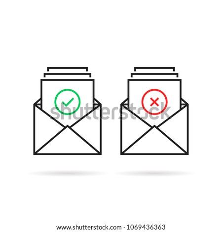 confirm and rejection with two linear email. concept of good and bad quiz answer or paperwork organization. flat simple modern trend sms ui logotype graphic art design set of user interface element