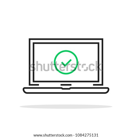 linear laptop with green check mark. concept of okay system update process or privacy control support. simple stroke flat style trend modern logo graphic line art design isolated on white background