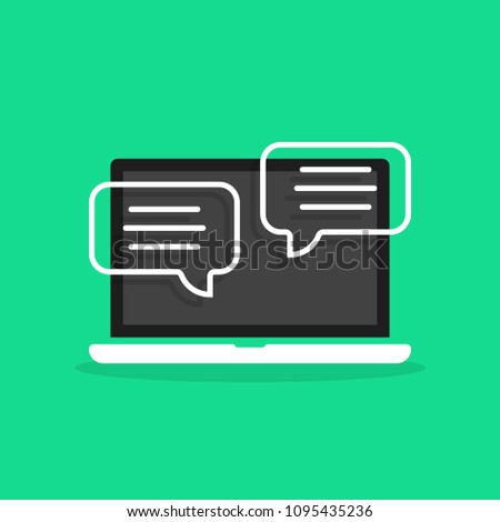 online chatting in cartoon laptop. flat style trend modern logo graphic simple design isolated on green background. concept of user interface for on-line instant messages or popup and computer work