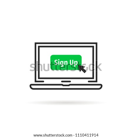black thin line laptop with sign up button. flat linear modern logotype graphic art design illustration isolated on white. concept of signup on site or apply now to community and open registration