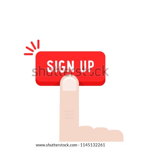 forefinger press on sign up button. concept of create profile in social or mass media like website service. flat simple trend modern signin registrer logotype graphic signup design isolated on white