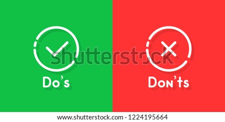 don't and don'ts information signs. flat cartoon linear customer complaint logotype graphic art design isolated on red and green background. concept of answer the question like bad vs good buttons