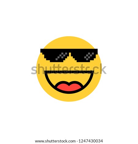 laughing emoji with pixelart glasses. flat cartoon trend minimal 8bit expression logotype graphic design element isolated on white. concept of trendy people or hipster and thug life or tgif meme