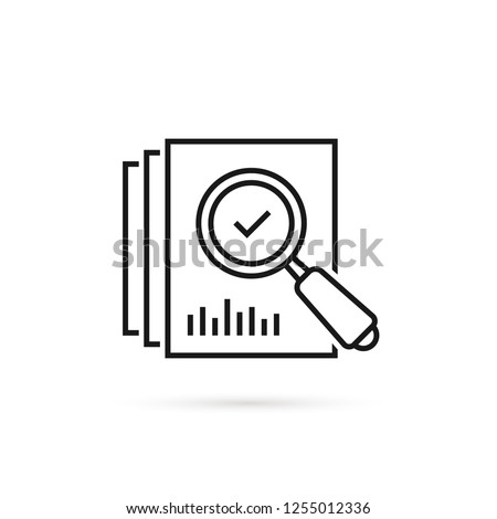 review icon like thin line loupe on paper. concept of market data statistics research or business forecast. flat stroke seek logotype graphic lineart black design art isolated on white background