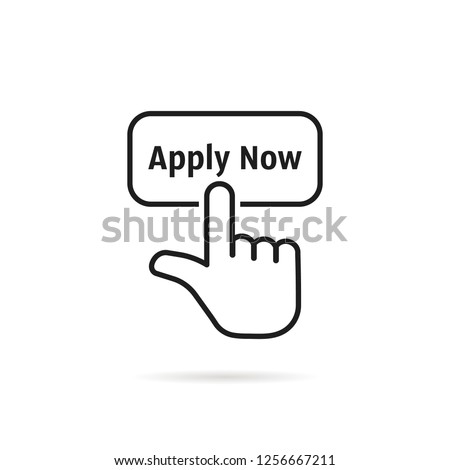 linear hand with black apply now button. flat modern logotype element graphic art design isolated on white background. concept of easy make an application in internet website or exam login here