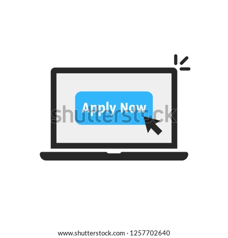 black laptop with blue apply now button. concept of applied to join the community or site and mobile login or follower. flat cartoon style modern logo graphic art design isolated on white