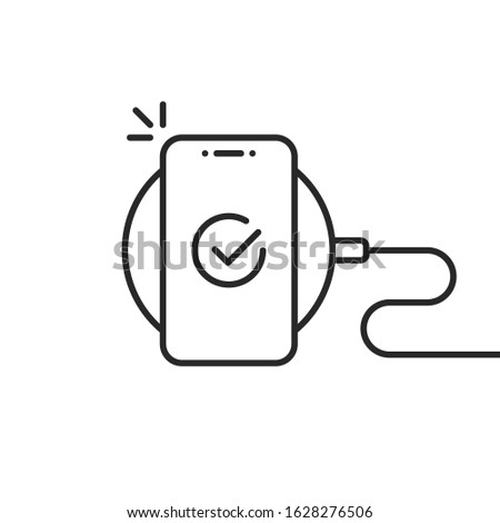 thin line phone on wireless charging. flat simple stroke style trend modern lineart logo graphic art design isolated on white background. concept of gadget futuristic recharge and full charge