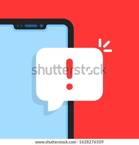 cartoon smart phone with alert notice. flat simple trend modern logotype graphic design element. concept of red hazard or beware now on device display and phishing attack or malware inbox