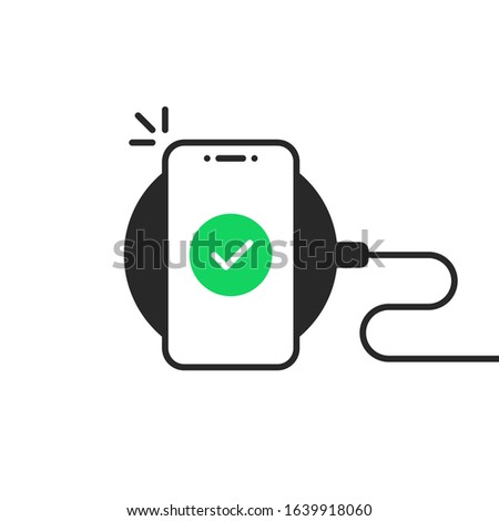 top view smartphone on wireless charging. concept of gadget futuristic easy recharge and cellphone full charge. flat simple style trend modern graphic art design isolated on white background