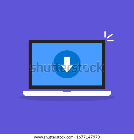 cartoon laptop for media files upload. flat simple style trend modern graphic pc design element isolated on purple background. concept of easy and fast download and document transfer or duplicate