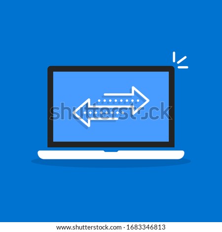 easy file transfer with cartoon laptop. concept of secure media files or info back up and money transaction or remittance. flat outline modern graphic art design element isolated on blue background