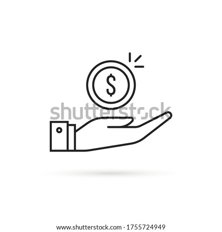 simple linear hand holding dollar coin. flat stroke style trend modern minimal wealth logotype graphic lineart art design isolated on white background. concept of revenue or benefit and outcome budget