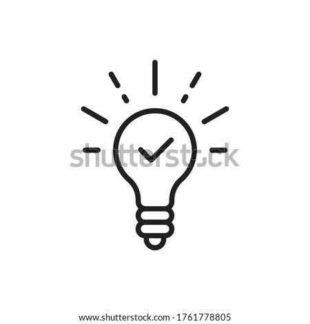 black thin line light bulb with tick. simple stroke single logotype graphic stamp lineart design isolated on white. concept of lightbulb on wire like startup and easy inspiration or invention power