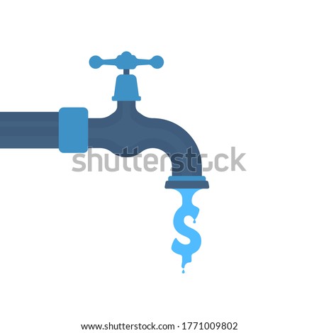 water like dollar sign flowing out tap. concept of leaky faucet with stopcock or money deficiency in world or drain crane. flat simple trend logo graphic design element isolated on white background