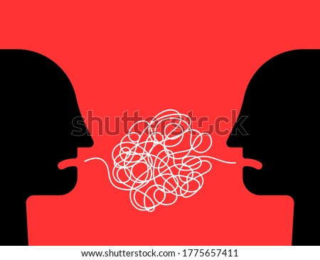 difficult communion between two people. cartoon simple flat trend modern graphic art design isolated on red background. concept of brawl and hard speaking by abuser and depression or stress or anxiety