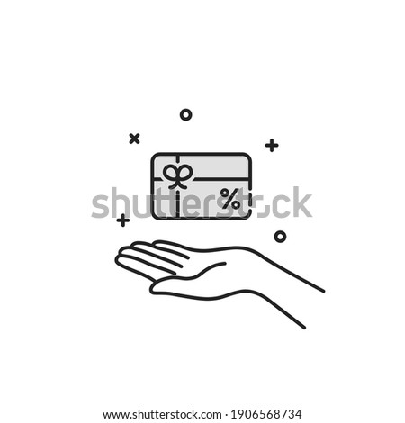 thin line hand holding loyalty card. concept of sign or symbol for retail or store and incentive for payment and promo sale. simple outline benefit logotype graphic linear art design isolated on white