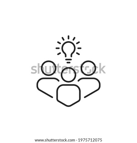 thin line insight icon with group of people and black bulb. outline flat trend modern logo graphic stroke art design isolated on white. concept of scholars or scientists and students or genius