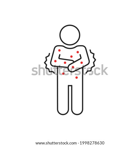 thin line human stick figure with red rash on body. concept of herpes, lupus or rubella and other autoimmune. linear modern simple patient logotype graphic stroke art lineart design isolated on white