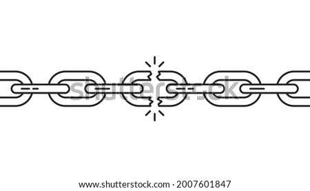 black thin line broken chain like bad connection. concept of end of relationship or slavery and jail or prison break. linear graphic lock and unlock lineart design element isolated on white background