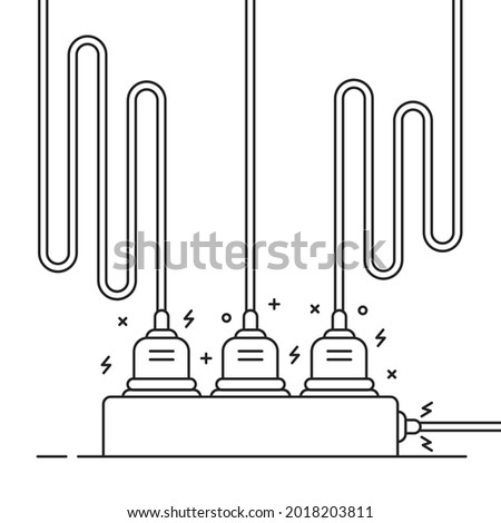 electrical overload with plugs and thin line filter. simple stroke art trend modern graphic lineart design isolated on white. concept of voltage surge in house and dangerous connection of devices