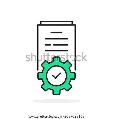 technical project icon with green gear on document. flat linear trend modern logotype graphic stroke design isolated on white. concept of simple content symbol or extract info or paper work flow sign