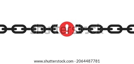 black broken chain with failure icon like exclamation. flat modern disruption logo element graphic design isolated on white background. concept of online system error or unleash or easy disconnect