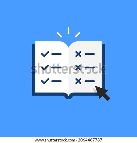 blue cartoon open book like easy rules. flat modern simple doc logotype graphic design web check and cross element isolated on white. concept of online instruction or education training course