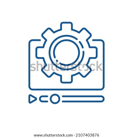 thin line player with cog like video configuration. flat linear trend logotype graphic stroke design infographic element isolated on white. concept of abstract viral blog or news marketing pictogram
