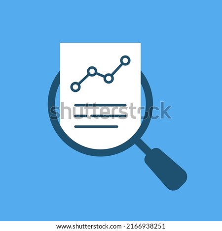 result monitoring like cartoon review with magnifier icon. concept of key performance indicator or business visualisation. flat style trend graphic design budget logotype web element isolated on blue