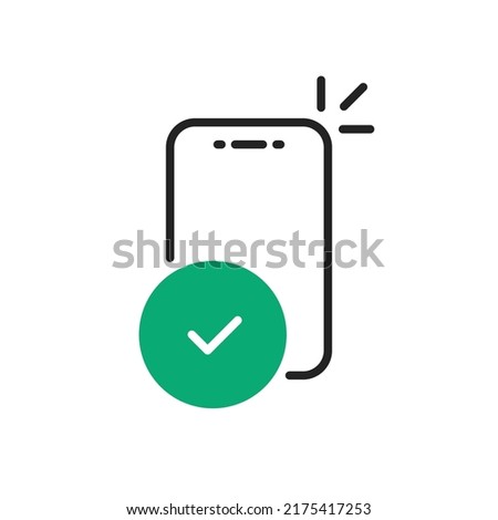 check mark with phone icon like apply now or confirm. flat trend modern logotype graphic web outline design element isolated on white. concept of electronic wallet or ewallet easy transaction sign