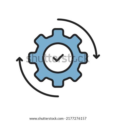 easy integration icon with gear and tick. linear trend modern work flow logotype design web element isolated on white. concept of development or innovation or technical service or setting symbol
