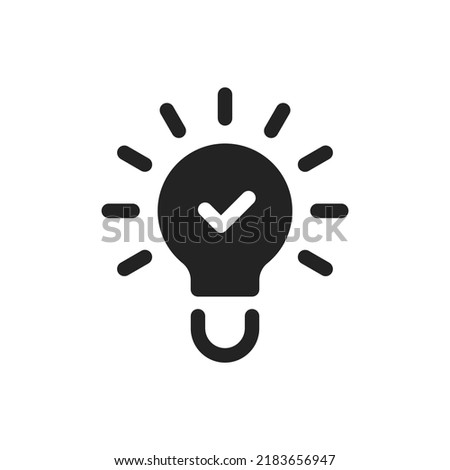 tick on black light bulb like aha moment. flat line simple trend modern think outside the box logotype design element isolated on white. concept of visionary info pictogram or conclusion symbol