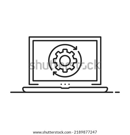 update icon with thin line laptop and gear. flat lineart style trend modern minimal logotype stroke art design web element isolated on white background. concept of development or devops service badge