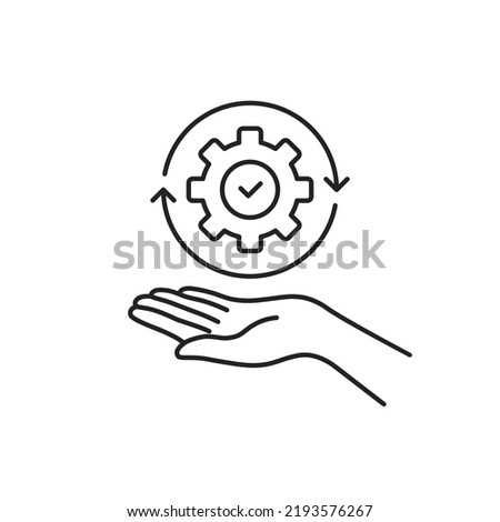 thin line hand holding gear like implementation. linear trend modern simple digital perform logotype graphic stroke design element isolated on white. concept of workflow symbol or efficient pictogram