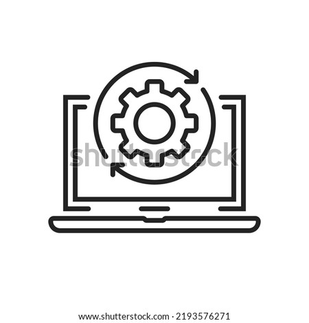 thin line laptop and gear wheel like update. lineart style trend modern minimal logotype stroke art design web element isolated on white background. concept of development or devops service badge