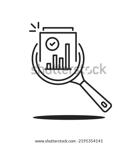 thin line magnifier like income scrutiny overview icon. flat trend lineart simple exam or profit logotype stroke art web design isolated on white. concept of inspection pictogram or survey symbol