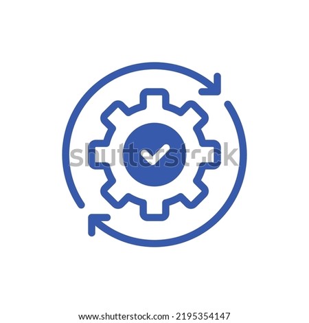 blue gear with arrow like efficiency operation icon. flat linear trend modern logotype graphic stroke design web element isolated on white. concept of development sign or guarantee of factory control