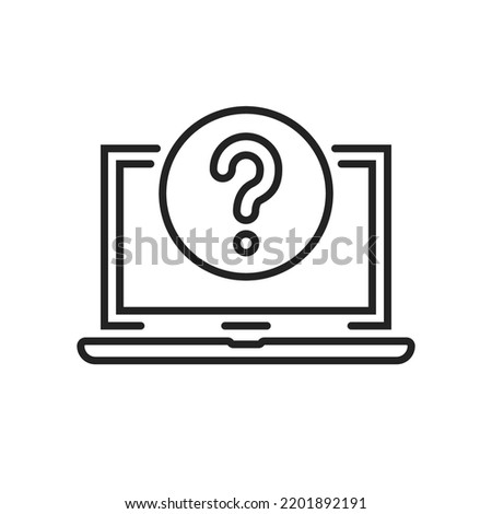 black thin line laptop icon with question mark. linear simple trend modern simple info logotype element web graphic stroke art design isolated on white. concept of find inform or questionnaire service