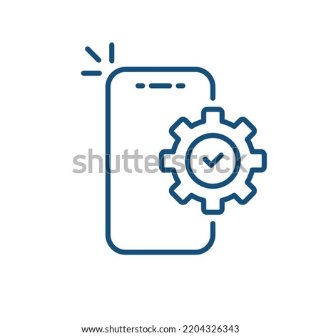 thin line phone with cogwheel like software update. outline trend execution logotype graphic stroke art cog design web element isolated on white. concept of easy efficiency integration or workflow