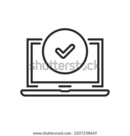 validate icon with thin line laptop and checkmark. linear simple logotype stroke design web element isolated on white. concept of easy access and program or os upgrade or authorization or registration