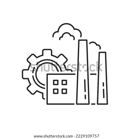 thin line manufacture icon with factory and gear wheel. concept of industrial automation or production building. linear simple trend modern logotype graphic stroke design element isolated on white