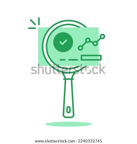 green assessment icon with magnifier and document. flat outline trend simple magnifying glass with doc logotype graphic web design isolated on white. concept of job exam form or financial management