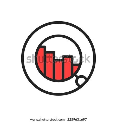 magnifier round icon like bad financial growth. outline trend modern assesment logotype graphic stroke design element isolated on white. concept of budget bankrupt pictogram or fund forecasting badge