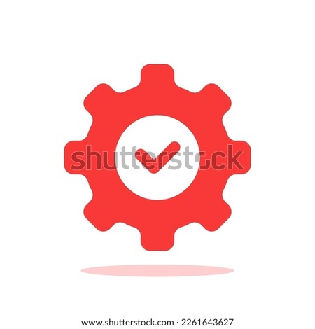 red gear with checkmark like efficient product. flat simple trend modern efficiency workflow logotype graphic design web element isolated on white. concept of improvement sign or project work control