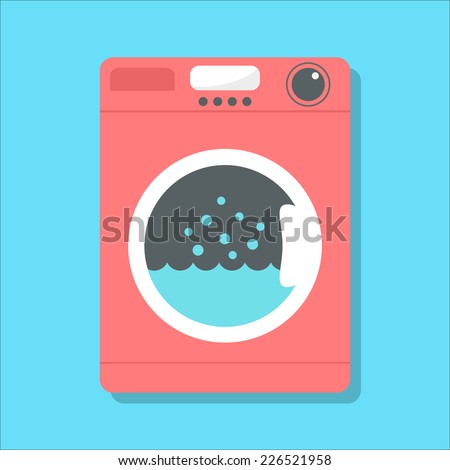 red washing machine in flat style. isolated on blue background. modern vector illustration